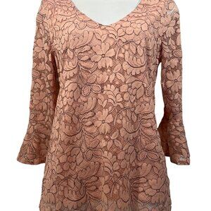 ELLE pale pink lace fluted sleeve V neck top Women XS